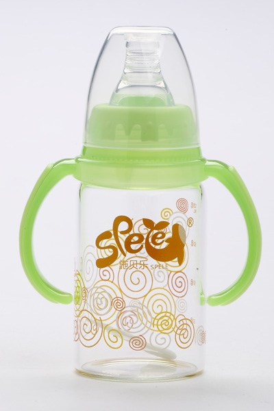 施貝樂(lè)標(biāo)口弧形帶柄綠色玻璃奶瓶120ml