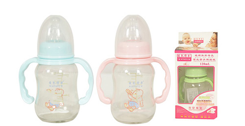 愛兒得樂120ml標(biāo)口弧形帶把柄玻璃奶瓶