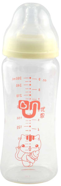 優(yōu)恩黃色寬口晶鉆直身玻璃奶瓶260ml