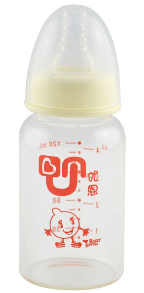 優(yōu)恩黃色標口晶鉆直身玻璃奶瓶120ml