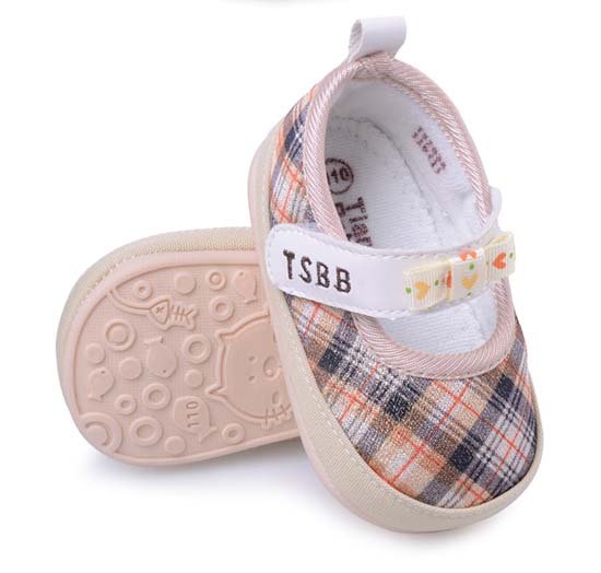 天使之嬰格子布幼兒學步鞋咖色