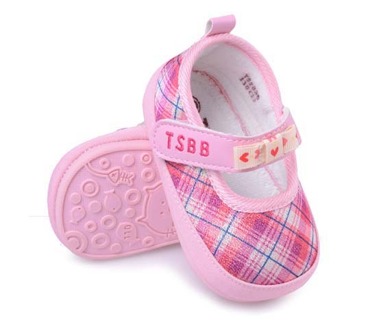 天使之嬰格子布幼兒學(xué)步鞋粉紅