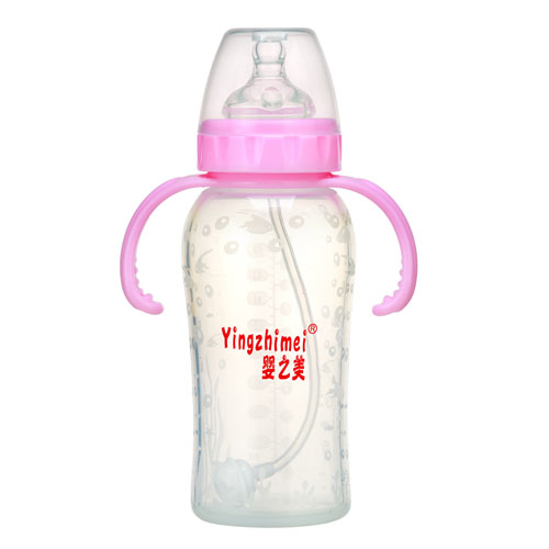 嬰之美寬口雙耳自動(dòng)硅膠弧形奶瓶300ML粉色