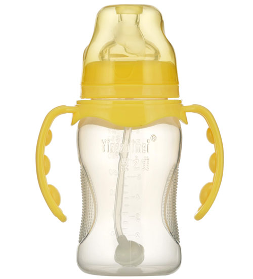 嬰之美寬口雙耳自動弧形PP奶瓶240ML黃色