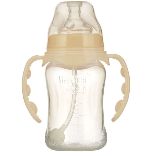嬰之美寬口雙耳自動弧形PP奶瓶210ML乳白色