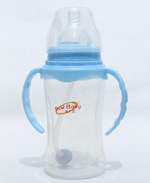 新兒寶天藍(lán)色寬口270ml雙耳自動(dòng)圓腰形PP奶瓶