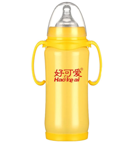 好可愛寬口自動吸管手柄弧形不銹鋼奶瓶300ML