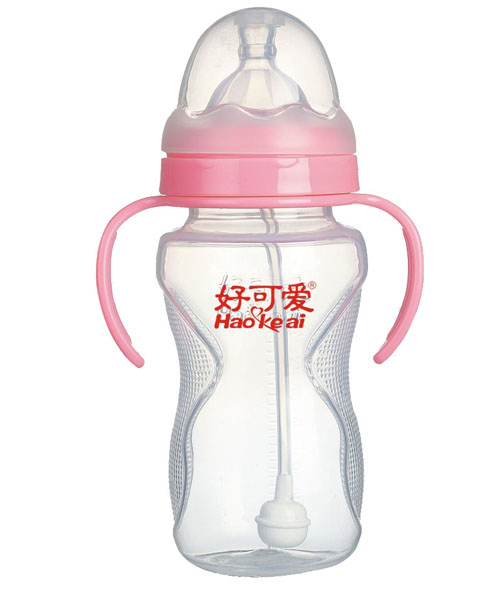好可愛寬口自動吸管手柄弧形奶瓶300ml