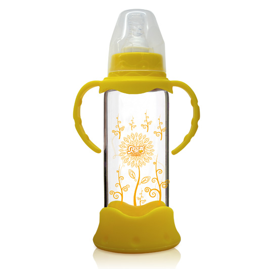 貝嬰奇240ml防爆感溫標口晶鉆玻璃奶瓶-黃