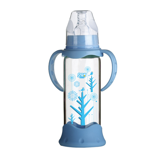 貝嬰奇240ml防爆感溫標口晶鉆玻璃奶瓶-藍