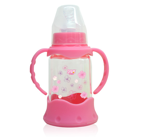 貝嬰奇120m防爆感溫標(biāo)口晶鉆玻璃奶瓶-粉色