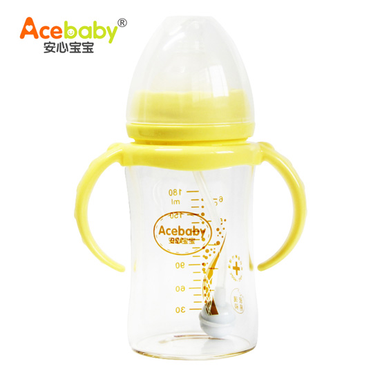 安心寶寶180ml寬口徑雙耳自動高硼硅玻璃奶瓶黃色
