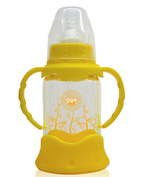 貝嬰奇120m防爆感溫標口晶鉆玻璃奶瓶黃色
