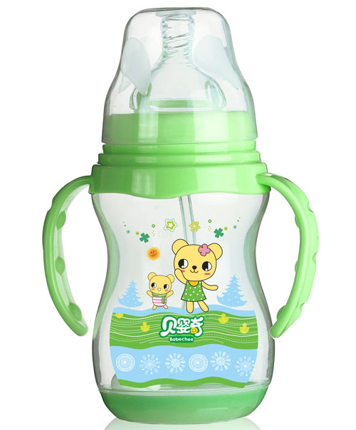 貝嬰奇240ml寬口帶感溫底座奶瓶淡綠色