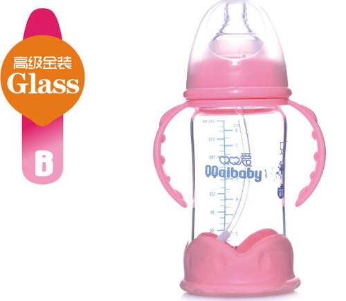 Q0愛(ài)寬口徑雙柄晶鉆玻璃奶瓶240ML