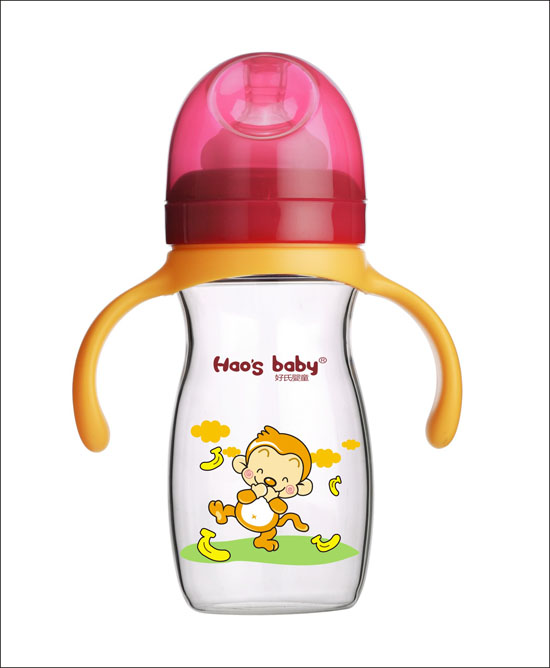 好氏嬰童小猴印花紅色雙柄奶瓶