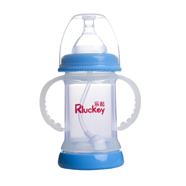 樂起寬口雙層防爆有耳自動晶鉆玻璃底部透氣奶瓶150ml藍色