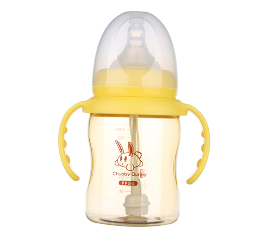 丘比兔PPSU寬口徑雙凹型自動把手奶瓶200ML黃色