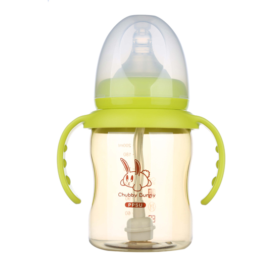 丘比兔PPSU寬口徑雙凹型自動把手奶瓶200ML青色