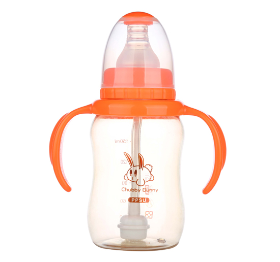 丘比兔PPSU標(biāo)準(zhǔn)口徑葫蘆型自動把手奶瓶150ML橙色