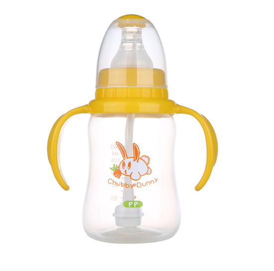 丘比兔PP標(biāo)準(zhǔn)口徑葫蘆型自動(dòng)把手奶瓶140ML黃色