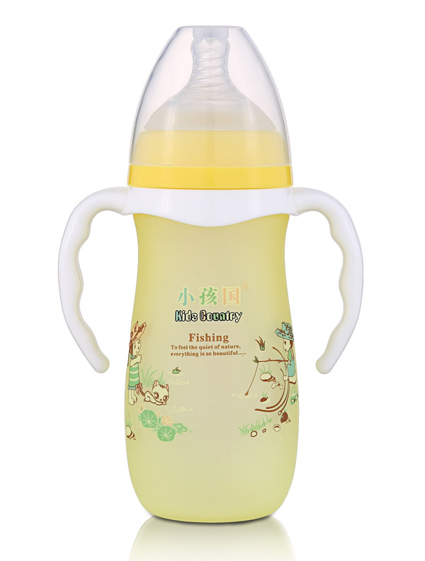 小孩國(guó)寬口硅膠感溫自動(dòng)玻璃奶瓶280ML 黃色