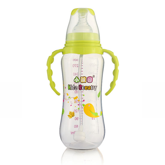 小孩國(guó)標(biāo)口自動(dòng)弧形PP安全奶瓶300 ML青色