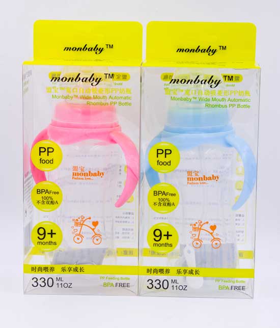 盟寶330ml寬口自動(dòng)吸菱形PP奶瓶