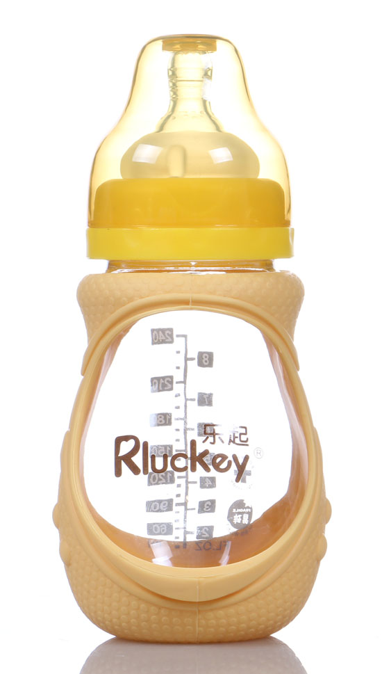 樂起240ml防摔玻璃奶瓶黃色不帶柄